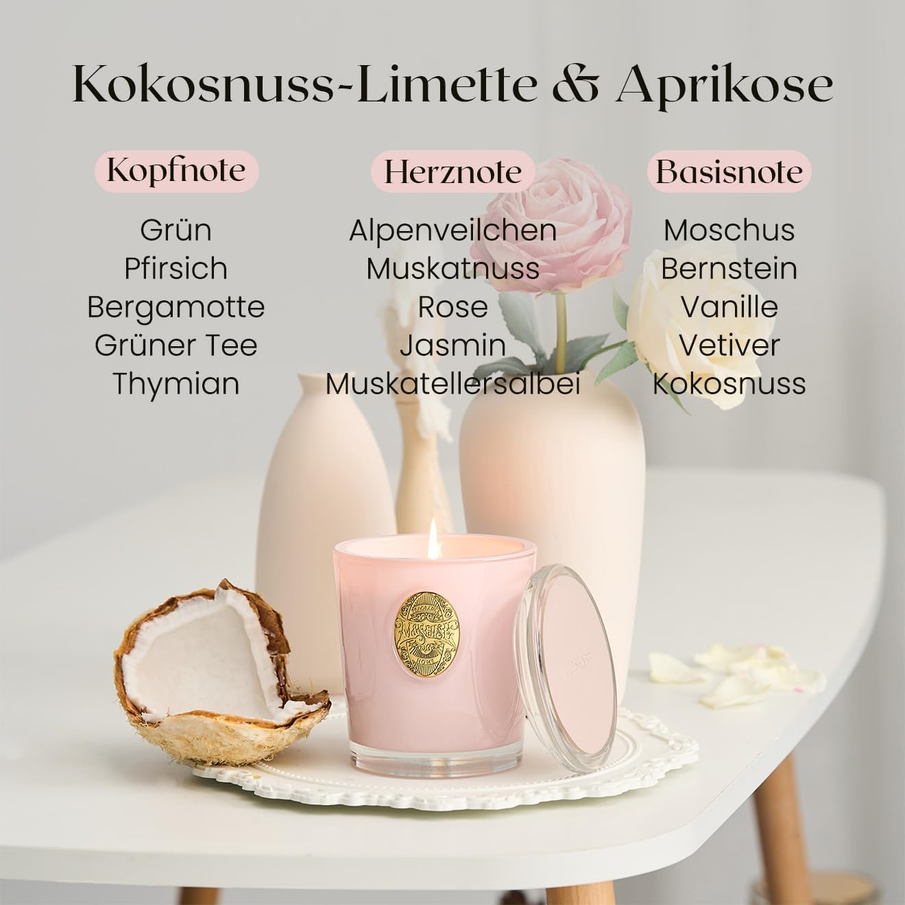 M&SENSE Duftkerzen im Glas Kokos-Limette-Aprikose, 290 g Duftkerze, natürliche Sojakerze, bunte Kerzengeschenke für Frauen, Aromatherapie-Kerze zur Entspannung, 55 Stunden Brenndauer – Bild 2
