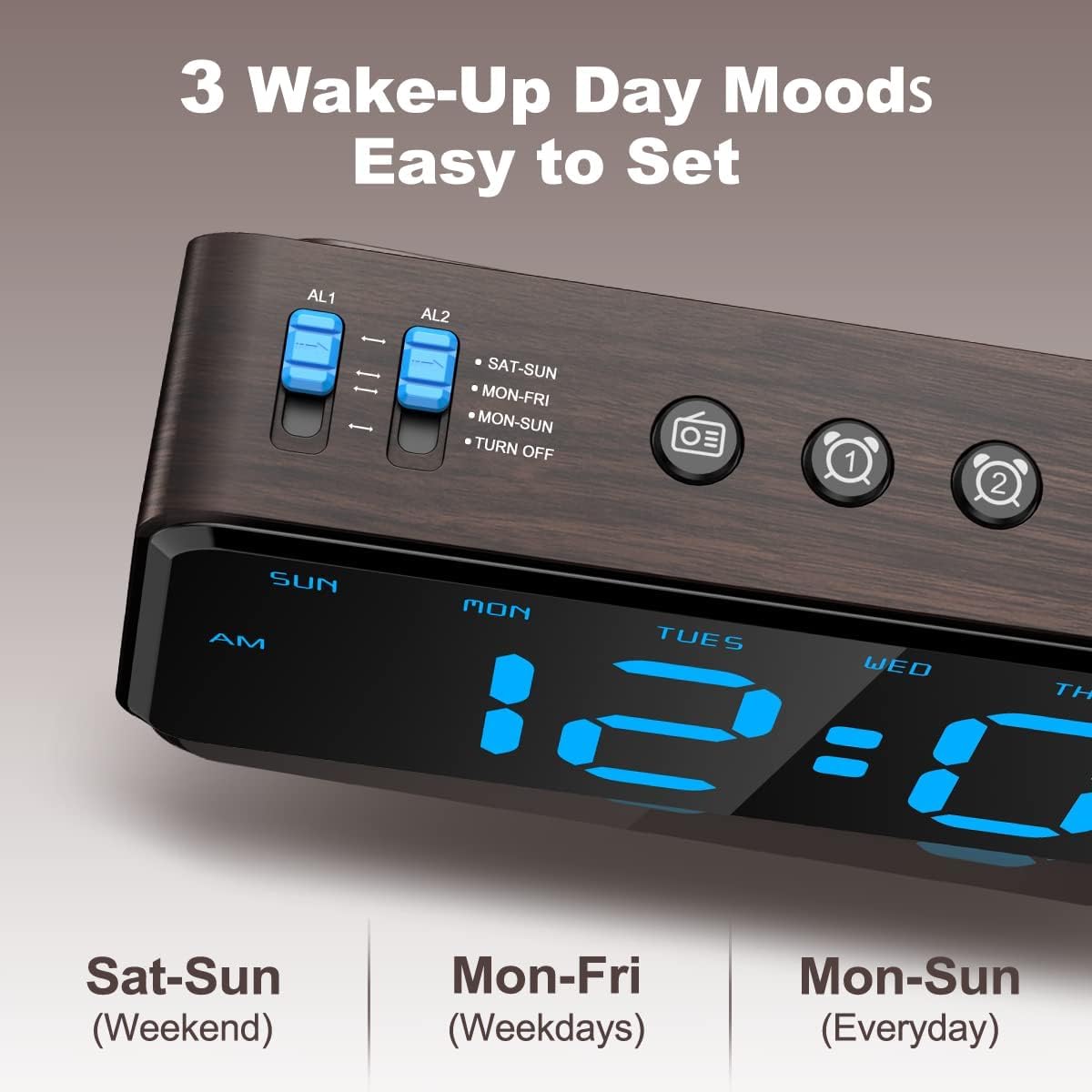 ANJANK Digitaler Radiowecker, 0–100 % dimmbar, Doppelwecker mit Wochentagen/Wochenende, USB-Ladegerät, einfache Einstellung, Netzbetrieb mit Batterie-Backup, großes Display, sehr gut lesbar in allen Räumen – Bild 6