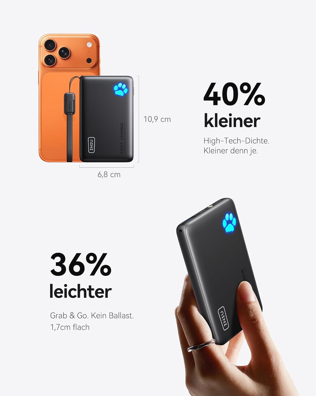 INIU Powerbank, kleine 45W Schnellladung 10000mAh Powerbank mit abnehmbarem USB-C-Kabel, geeignet für Fliegen & Reisen Essential, externe Handy-Akkus für iPhone 17 16 15 Pro, Samsung S25, Xiaomi, iPad usw – Bild 2