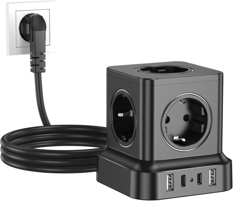 Steckdosenwürfel mit USB, 5-fach Mehrfachsteckdosenwürfel mit 2USB-C & 2USB-A, 9-in-1-Steckdosenwürfel mit Schalter, Steckdosenwürfel mit 1,8 m Verlängerungskabel für Büro, Zuhause, Schwarz