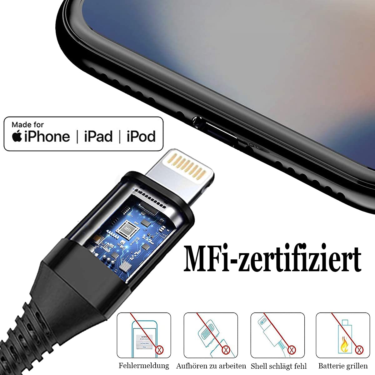 iPhone-Ladekabel, Lightning-Kabel (2er-Pack 2 m + 1 m), iPhone-Schnellladekabel, MFi-zertifiziertes iPhone-Kabel, Nylon, schnelles USB-Ladekabel für iPhone 14 Pro 13 Pro Max 12 11 XS Max XR X 8 7 6 6s Plus SE 2020 – Bild 2