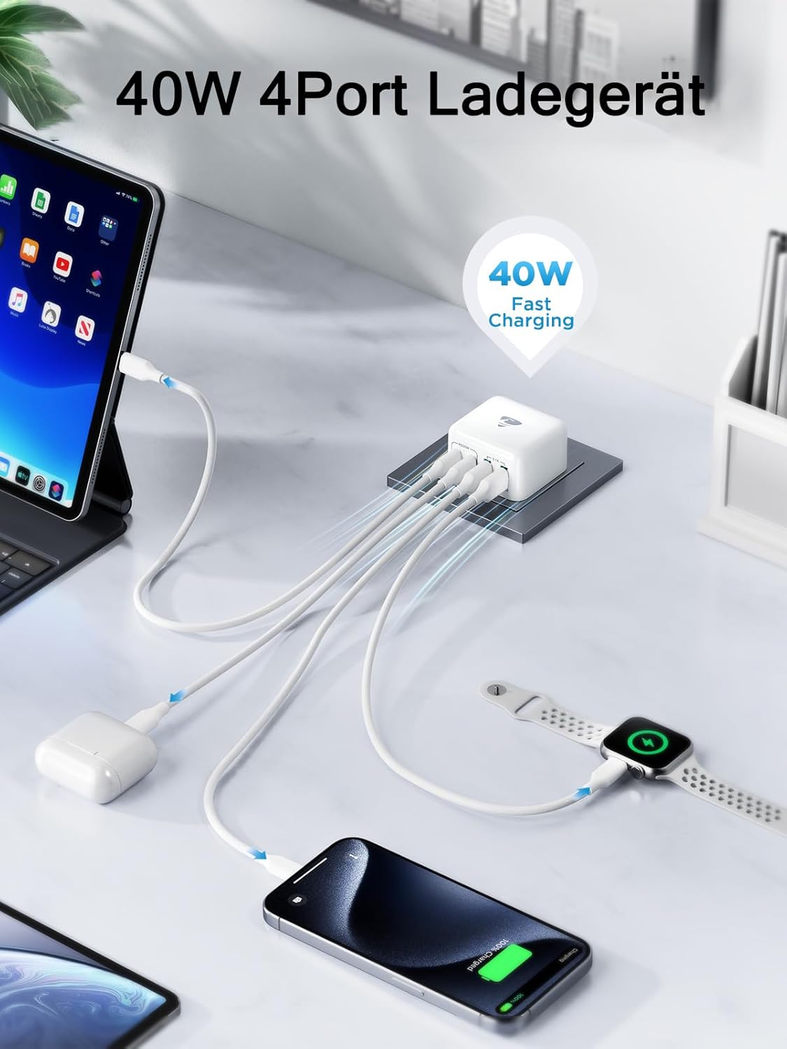 USB C Ladegerät, 40W 4-Port Mehrfachladegerät mit USBC und USBA, USBC Schnellladegerät PD 3.0 Power Adapter USB Netzteil für iPhone 16 15 14 13 12 11 Pro Max SE 2020 XS XR X 8 7 6 Plus, Samsung – Bild 3