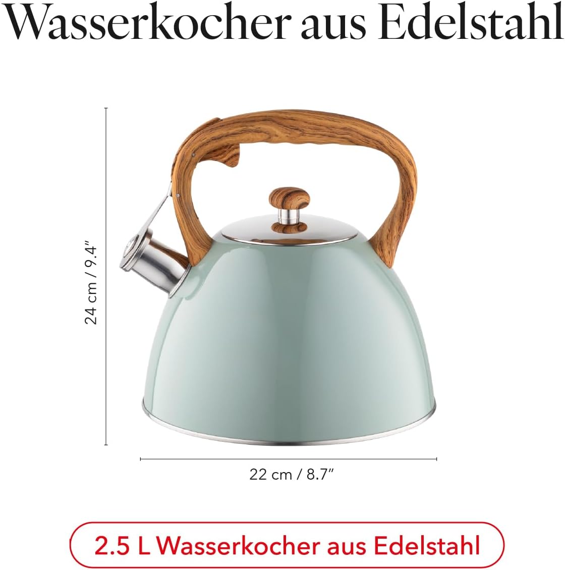 FLORINA Frank Wasserkocher (2,5 Liter) I Teekessel aus Edelstahl I Pfeifkessel mit Holzgriff I Automatischer Pfeifkessel I Wasserkocher für Induktionsherd, Gasherd und Elektroherd I Farbe: Mattgrün – Bild 2