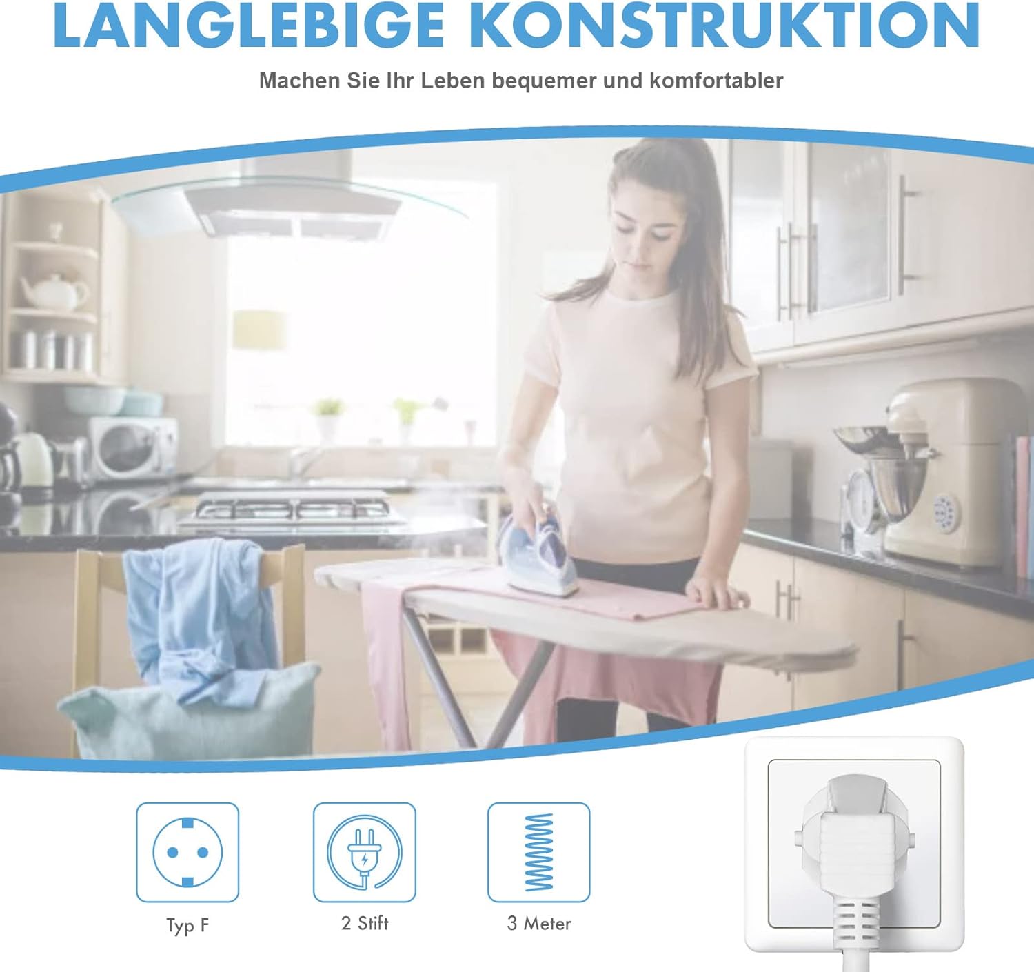 RealMade Verlängerungskabel, mit Kinderschutzstecker, 3680 W Schutzkontaktverlängerung für den Innenbereich, 16A/250V, weiß – Bild 7