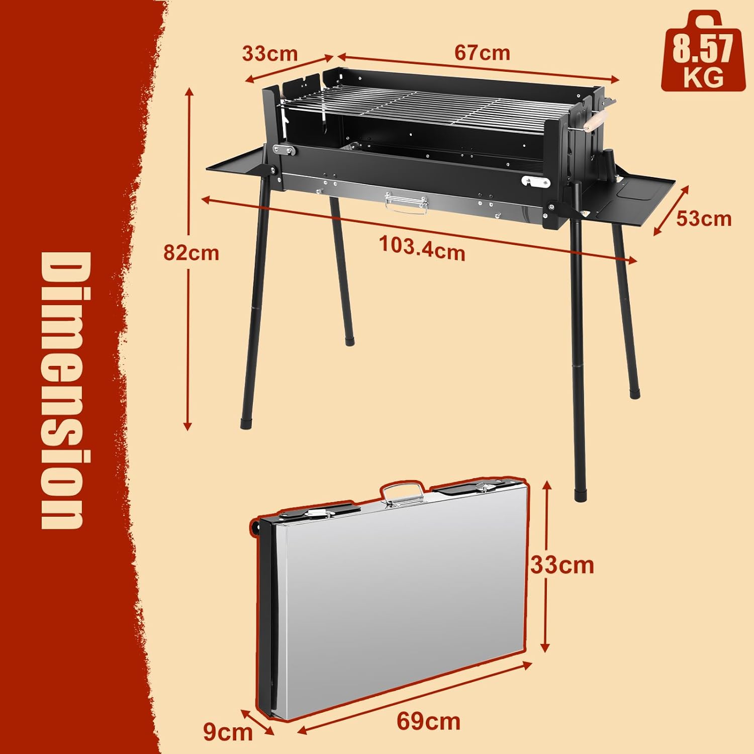 Denmay Großer Klappgrill, tragbarer Campinggrill mit Rahmen, Picknickgrill inklusive Grillrost, Holzkohlegrills, Grill BBQ tragbar, Tischgrill, Campinggrill, Mangal-Grill, Kebab – Bild 2