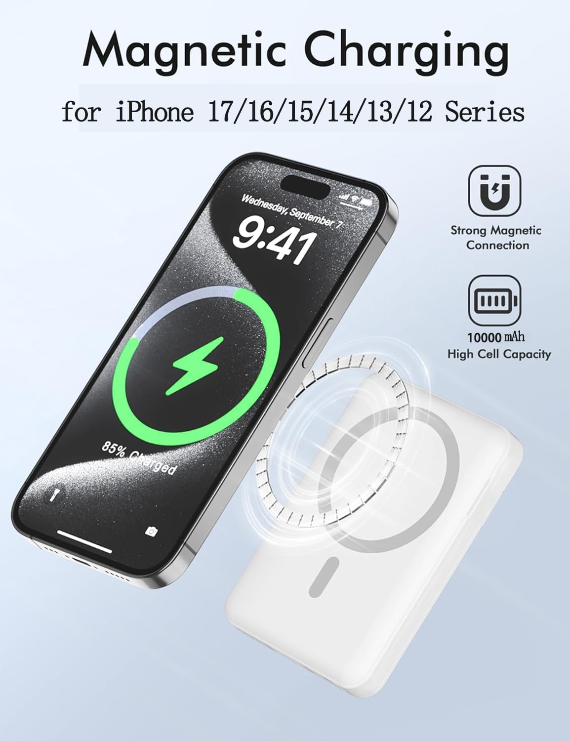 Powerbank 10000 mAh, magnetisches kabelloses tragbares Ladegerät Power Bank, USB C 20 W Eingang & Ausgang Schnellladung externer Handy-Akkus, kabelloser Akku-Pack induktives Laden für iPhone 17/16/15 – Bild 6