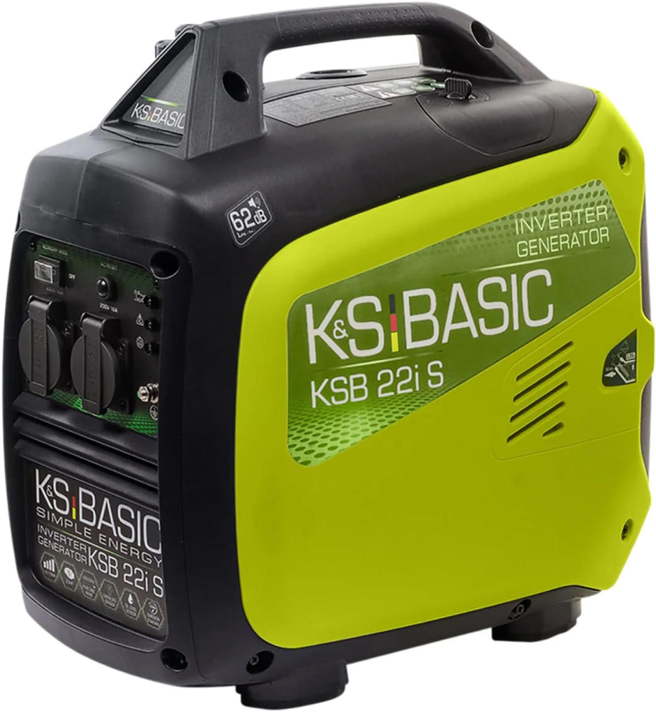 K&S BASIC KSB 22i S Inverter-Generator, Stromerzeuger 2000 W, elektronische Umwandlung, leiser leichter Benzin-Notstromgenerator, Euro-V-Motor, 2 x 16 A (230 V) Steckdosen, ECON-Modus, Schallschutzgehäuse