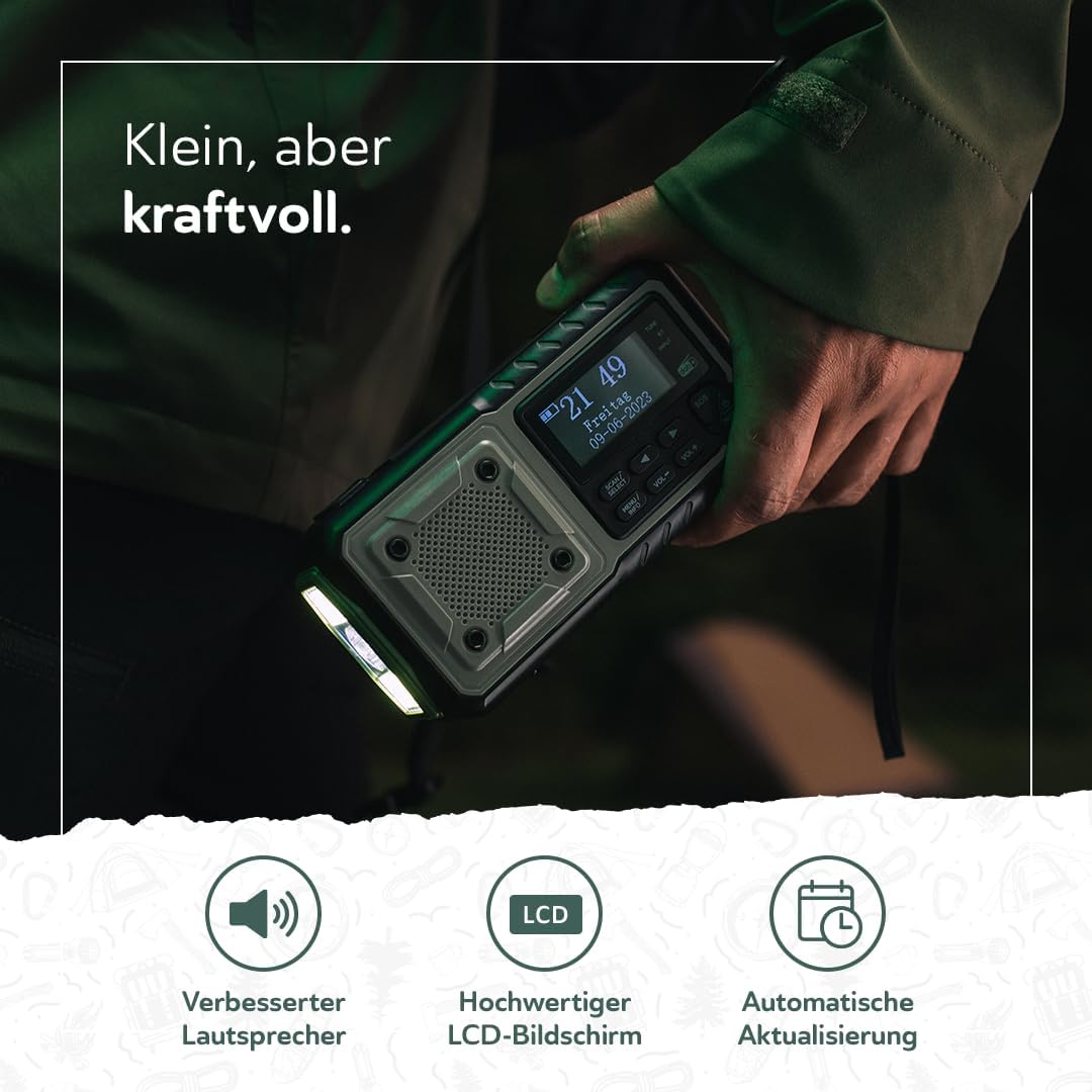 Acta Berg Kurbelradio DAB+/FM, Notfallradio, 5000 mAh Akku (Grau) | Mit USB, Batteriebetrieb möglich, Notfallausrüstung für Stromausfall, integrierte Taschenlampe, Ladegerät für Mobiltelefon, Wecker – Bild 3