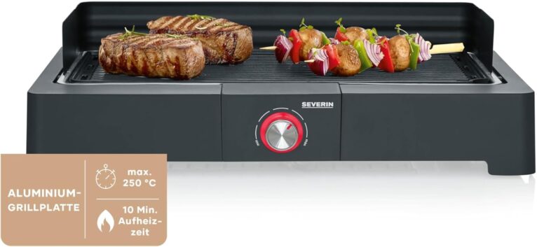 SEVERIN PG 8567 Tischgrill mit Aluminium-Grillplatte für den Innen- und Außenbereich, Elektrogrill mit schnellem Grillstart, Balkongrill ohne Verbrennungsgefahr, schwarz