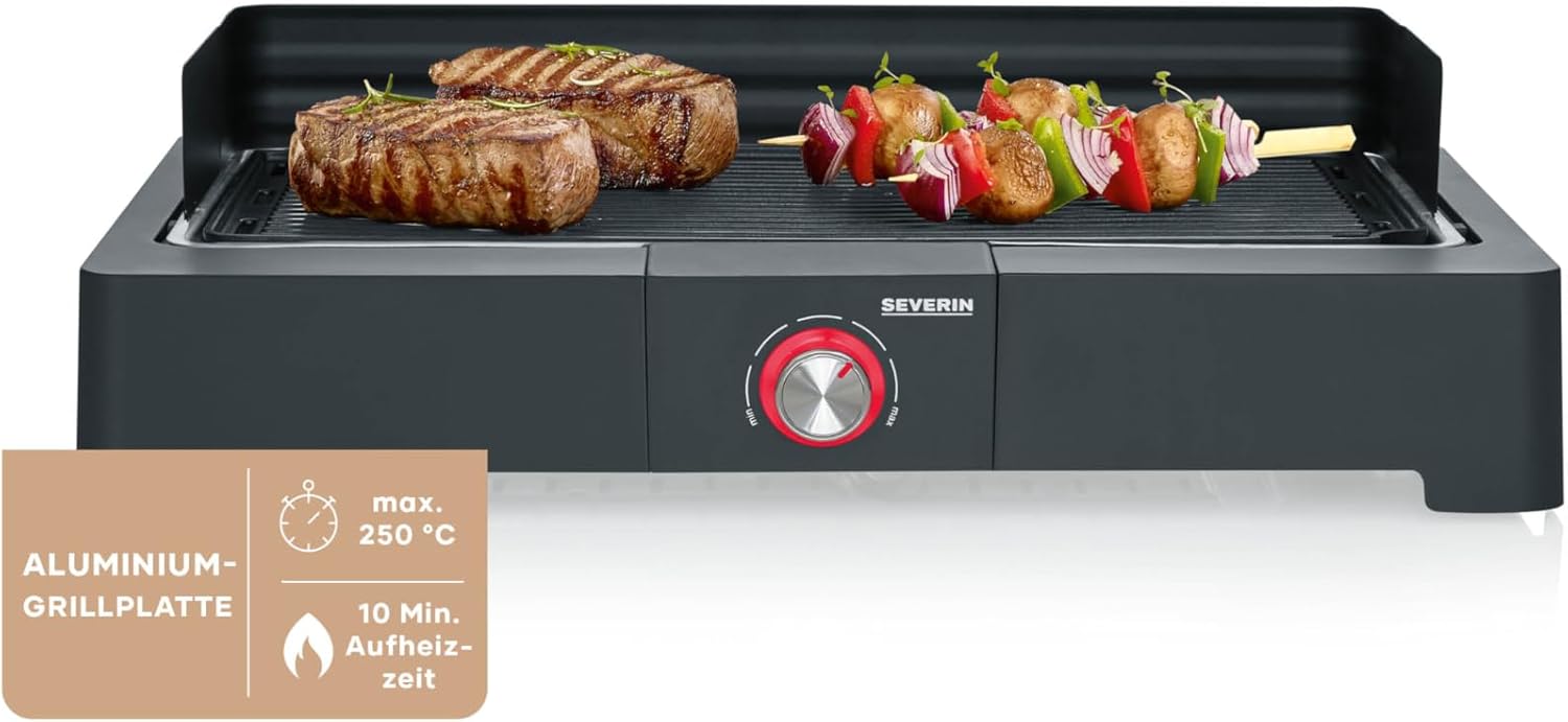SEVERIN PG 8567 Tischgrill mit Aluminium-Grillplatte für den Innen- und Außenbereich, Elektrogrill mit schnellem Grillstart, Balkongrill ohne Verbrennungsgefahr, schwarz