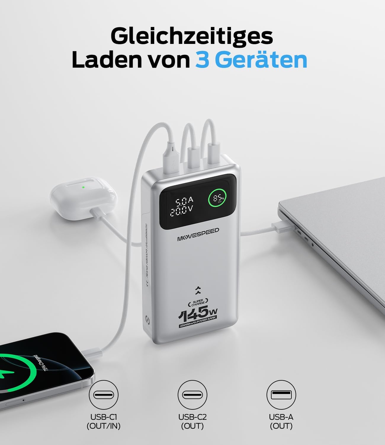 Movespeed 145 W Power Bank 25000 mAh Laptop Power Bank Tragbares Ladegerät mit 3 USB-Anschlüssen PD 3.1 und Digitalanzeige, kompatibel mit Laptop MacBook Pro/Air, iPhone 17 Pro Air /16, Galaxy S25, iPad – Bild 4