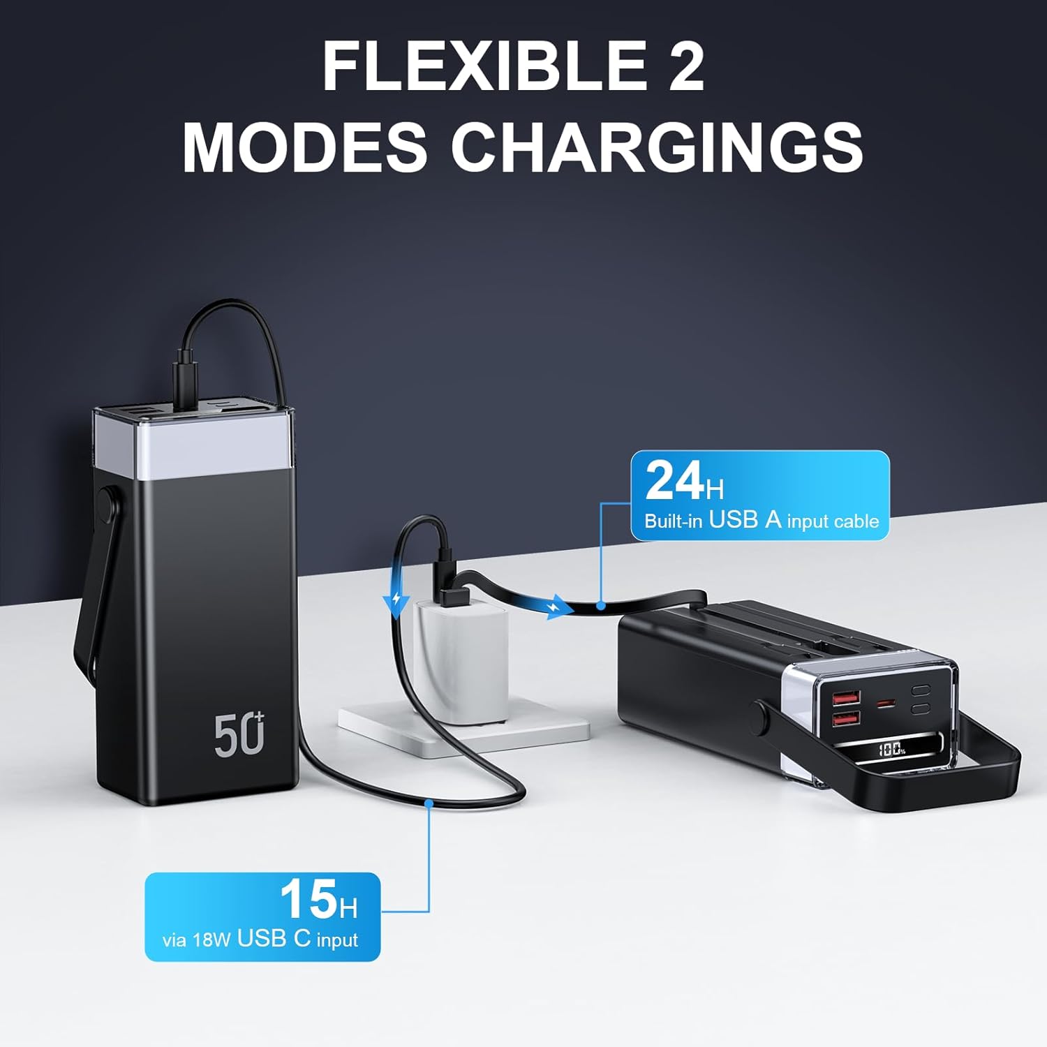 2026 Power Bank 50000 mAh, Powerbank Schnellladefunktion USB C PD 22,5 W, externer Akku mit 3 integrierten Kabeln, Ambientebeleuchtung, 5 Ausgänge & 2 Eingänge, Powerbank für Camping iPhone, Samsung – Bild 6
