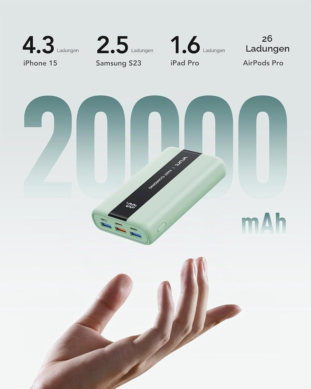 VRURC Power Bank 20000 mAh – kleiner und tragbarer externer Akku mit 22,5 W QC und PD 3.0 Schnellladung, USB-C, 6 Anschlüssen und LED-Anzeige, Power Bank für iPhone, Samsung, Huawei, iPad und Reisen – Bild 4
