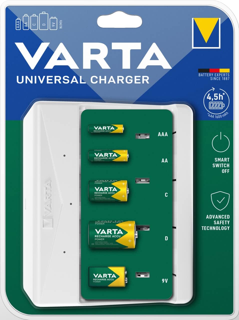 VARTA Batterieladegerät, Batterieladegerät für wiederaufladbare Batterien, lädt 2 oder 4 AA, AAA, C, D oder 1 x 9 V gleichzeitig, Universal-Ladegerät, mit Sicherheitsabschaltung, unbestückt | für wiederaufladbare NiMH-Akkus, Sicherheitsabschaltung, Überlade- und Verpolungsschutz, mit LED-Ladeanzeige, kompaktes Gerät – Bild 2