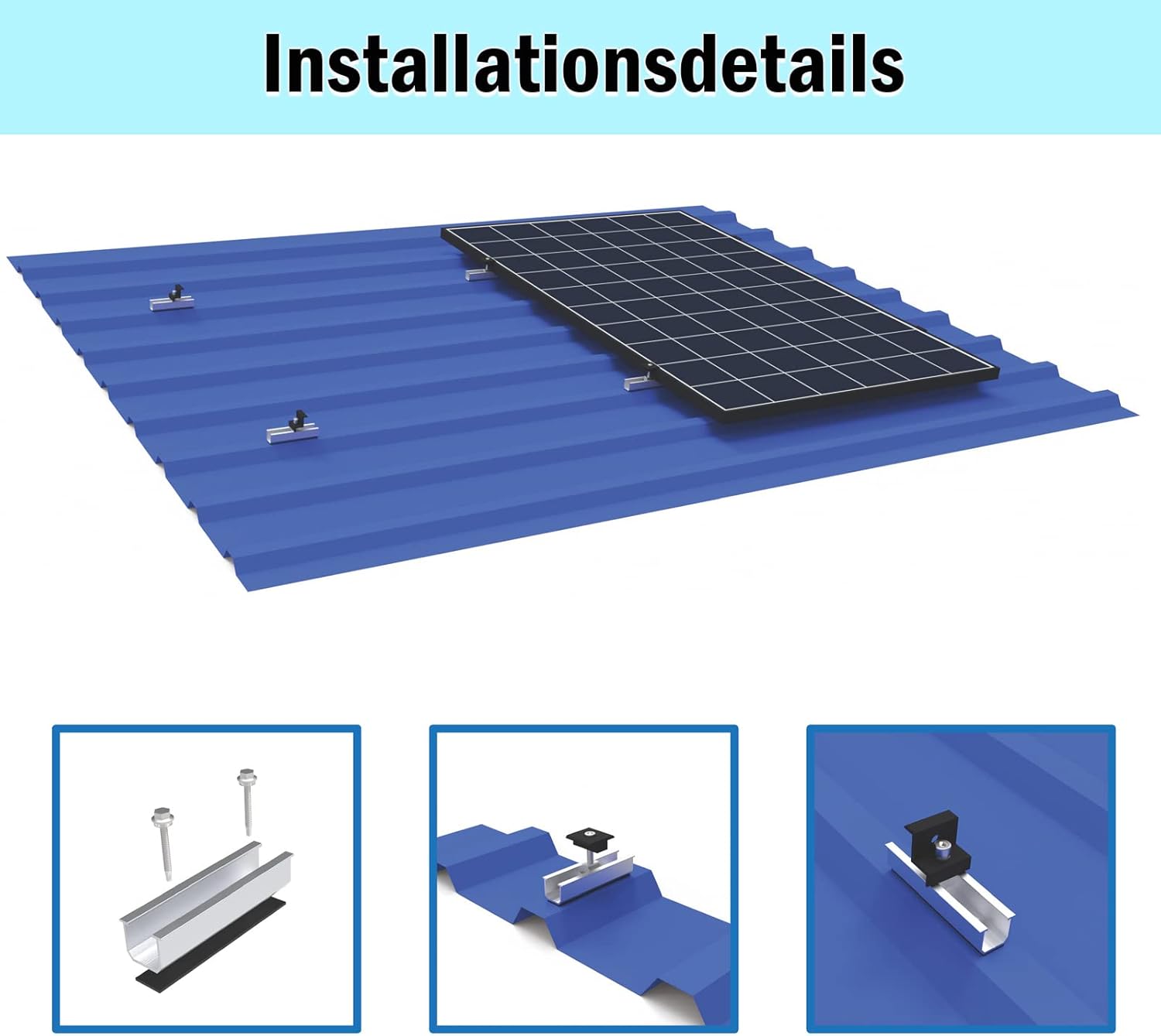Solarpanel-Halterung Flachdach, Aluminium-Photovoltaik-Montageschiene 12 cm, verstellbare schwarze Klemme für 30-35 mm dicke Module, Solarpanel-Montage-Montageset, 2 Module, geeignet für Flachdach-Trapezdach – Bild 4