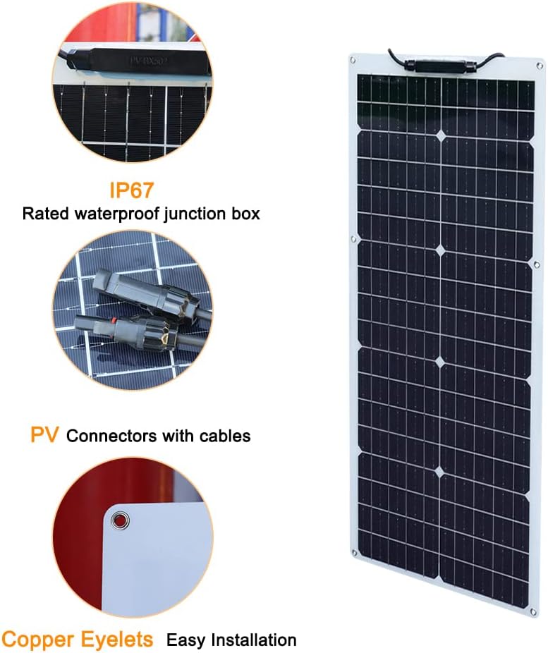 50W Solarpanel Flexibles 12V Monokristallines Solarpanel, flexible Solarmodule mit Kabel für Wohnmobil, Wohnwagen, Auto, Dach, Boot, 12V-Batterien – Bild 4