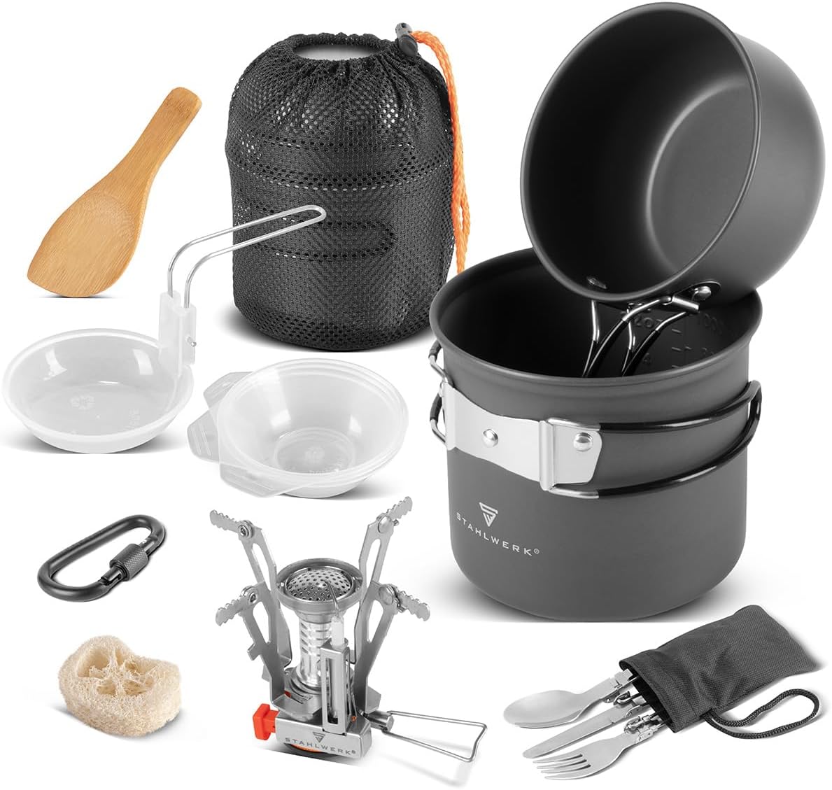 STAHLWERK Camping-Kochgeschirr-Set | Aluminium-Campinggeschirr-Komplettset mit Topf, Pfanne, Gaskocher, Plastikschüsseln und Besteck | Hochwertiges Outdoor-Kochset