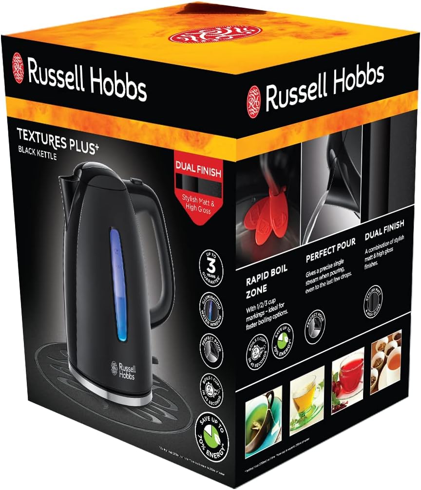 Russell Hobbs Textures+ 22591-70 Wasserkocher 1,7 l, 2400 W, LED-Beleuchtung, Schnellkochfunktion, optimierter Auslauf, abnehmbarer Kalkfilter, Teebereiter, schwarz, Energieklasse A++ – Bild 5