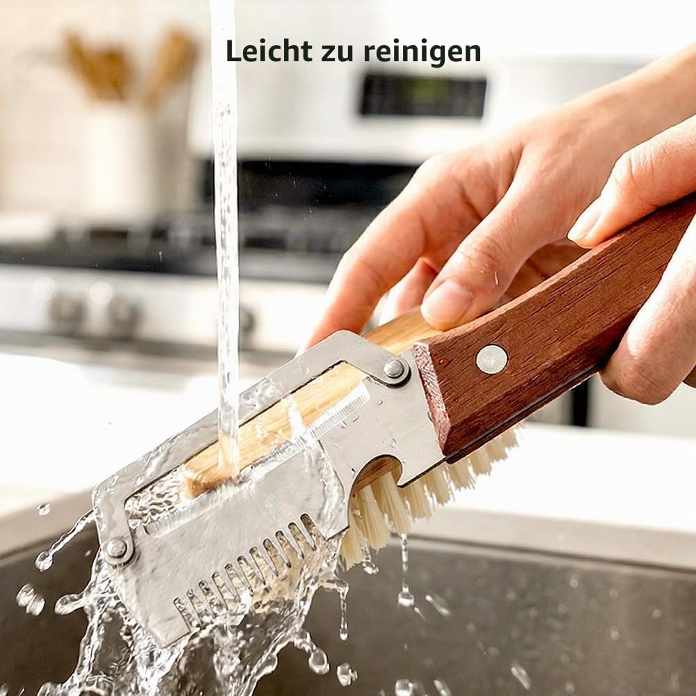3-in-1-Schäler mit Holzgriff, multifunktionaler Gemüseschäler, Edelstahlklinge, Julienneschneider und Flaschenöffner, inklusive Reinigungsbürste (1 Stück) – Bild 4