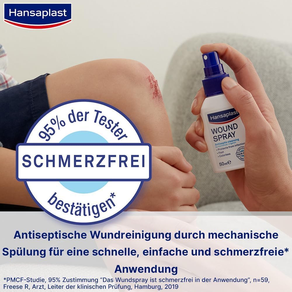 Hansaplast Wundspray 1er Set (50 ml) zur antiseptischen Wundreinigung, Wunddesinfektionsspray für empfindliche Haut, farblose Wunddesinfektion | Antiseptische Wundreinigung, mechanische Spülung, Schutz vor Wundinfektionen, farblos, hautfreundlich – Bild 3