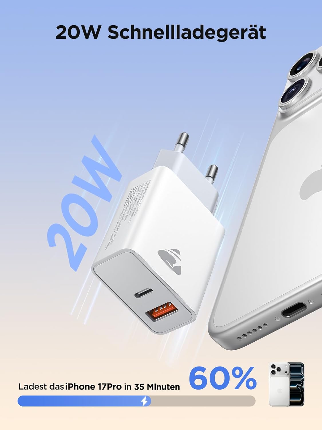 USB-C-Ladegerät, 2-Port-USB-Stecker, 20-W-Schnellladegerät mit USB-C und USB-A, PD 3.0-Netzteil, USB-Netzteil, mehrere USB-Ladegeräte für iPhone 17 Pro Max 16 15 14 13, iPad, Samsung, Mobiltelefone – Bild 2