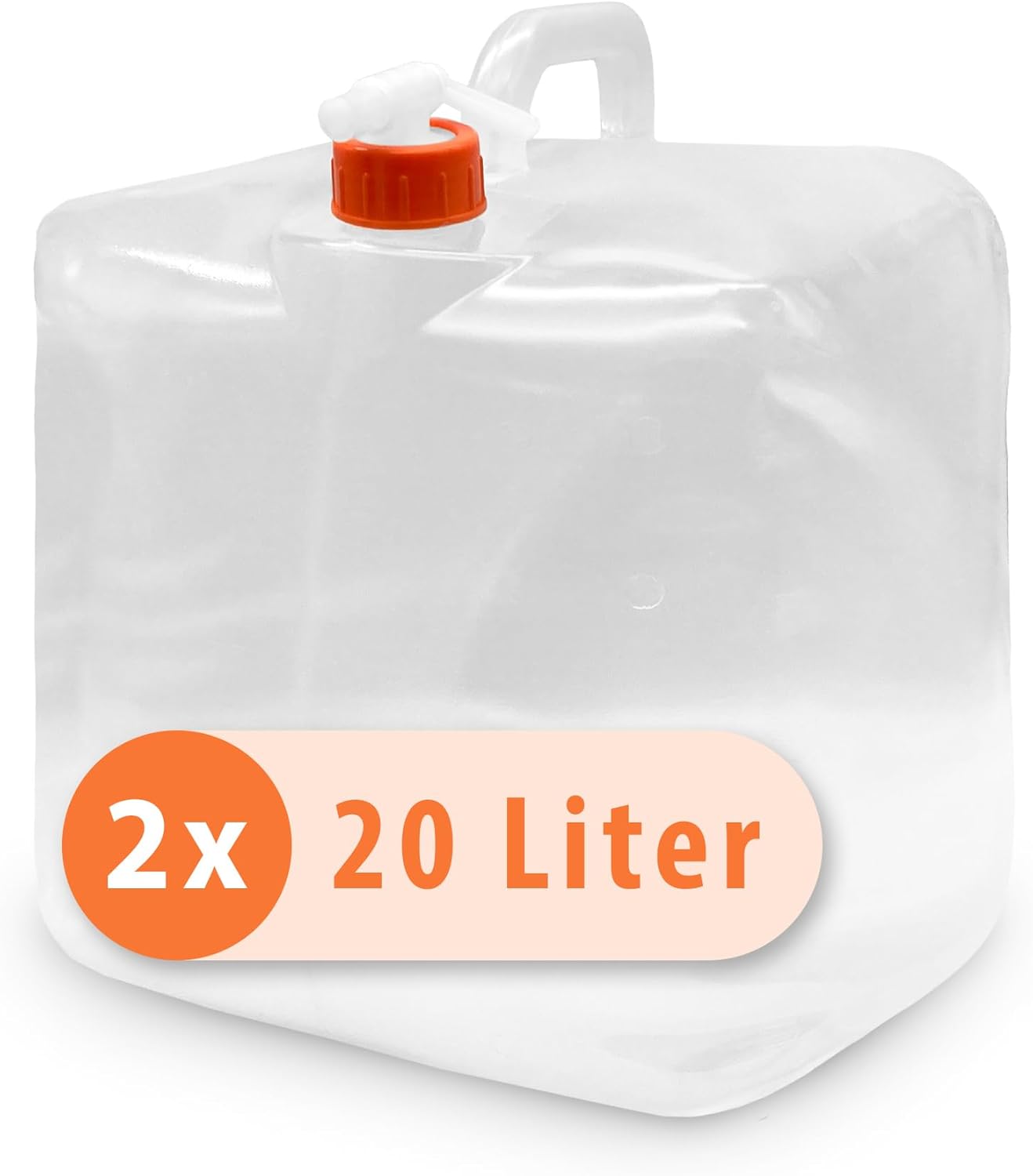 Pluvia Wasserkanister 20 L Trinkwasser-Set (2 x 20 L) faltbar – Verdunkelungs-Notfallausrüstung – Kanister mit Verschluss & Hahn, transparent