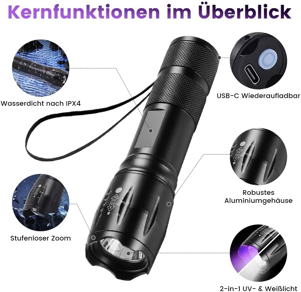 UV-Taschenlampe 395 nm mit LED-Weißlicht, USB-C wiederaufladbar, Zoomfunktion, IPX4 wasserdicht, 2000 mAh Akku, Schwarzlichtlampe für Urinflecken, Haustiere, Hotelhygiene, Geldscheine und Camping (schwarz 1 Stück) – Bild 2