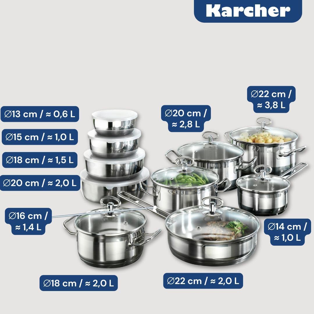 Karcher Jasmin 121008 20-teiliges Kochgeschirr-Set mit Brattopf und 4 Schüsseln aus Edelstahl für Induktion – Bild 3