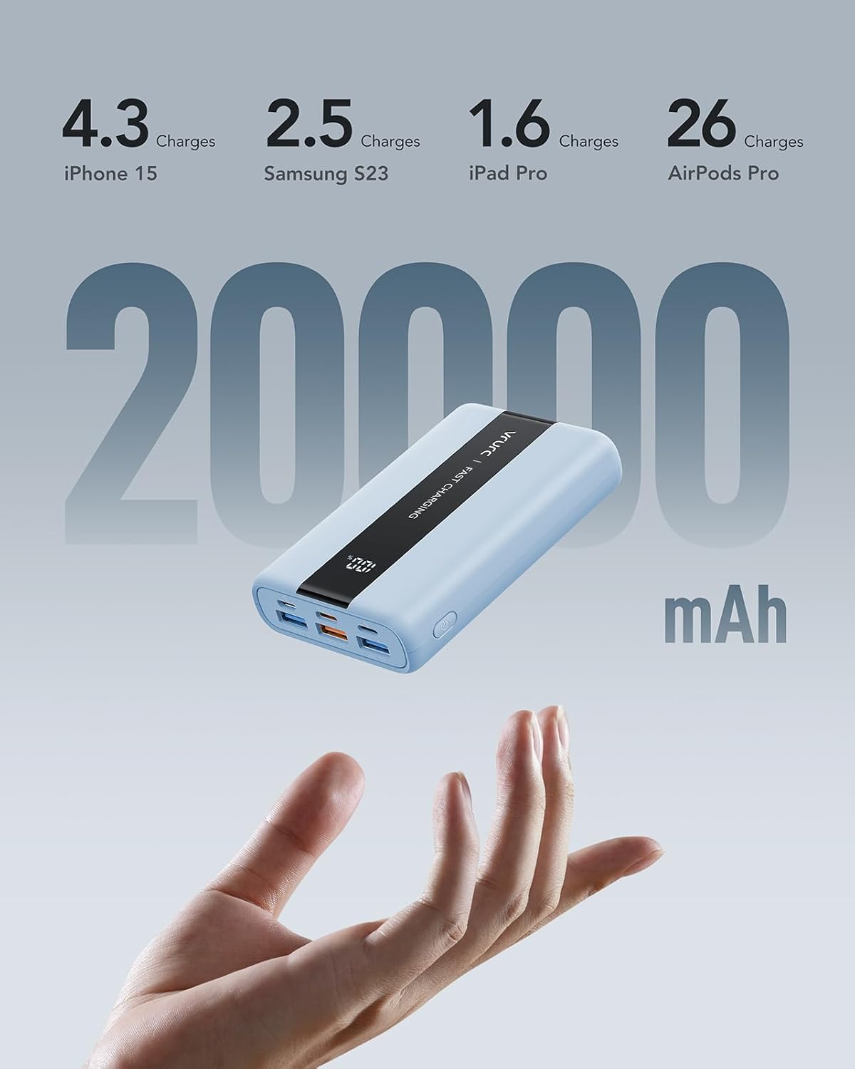 VRURC Power Bank 20000 mAh – kleiner und tragbarer externer Akku mit 22,5 W QC und PD 3.0 Schnellladung, USB-C, 6 Anschlüssen und LED-Anzeige, Power Bank für iPhone, Samsung, Huawei, iPad und Reisen – Bild 4