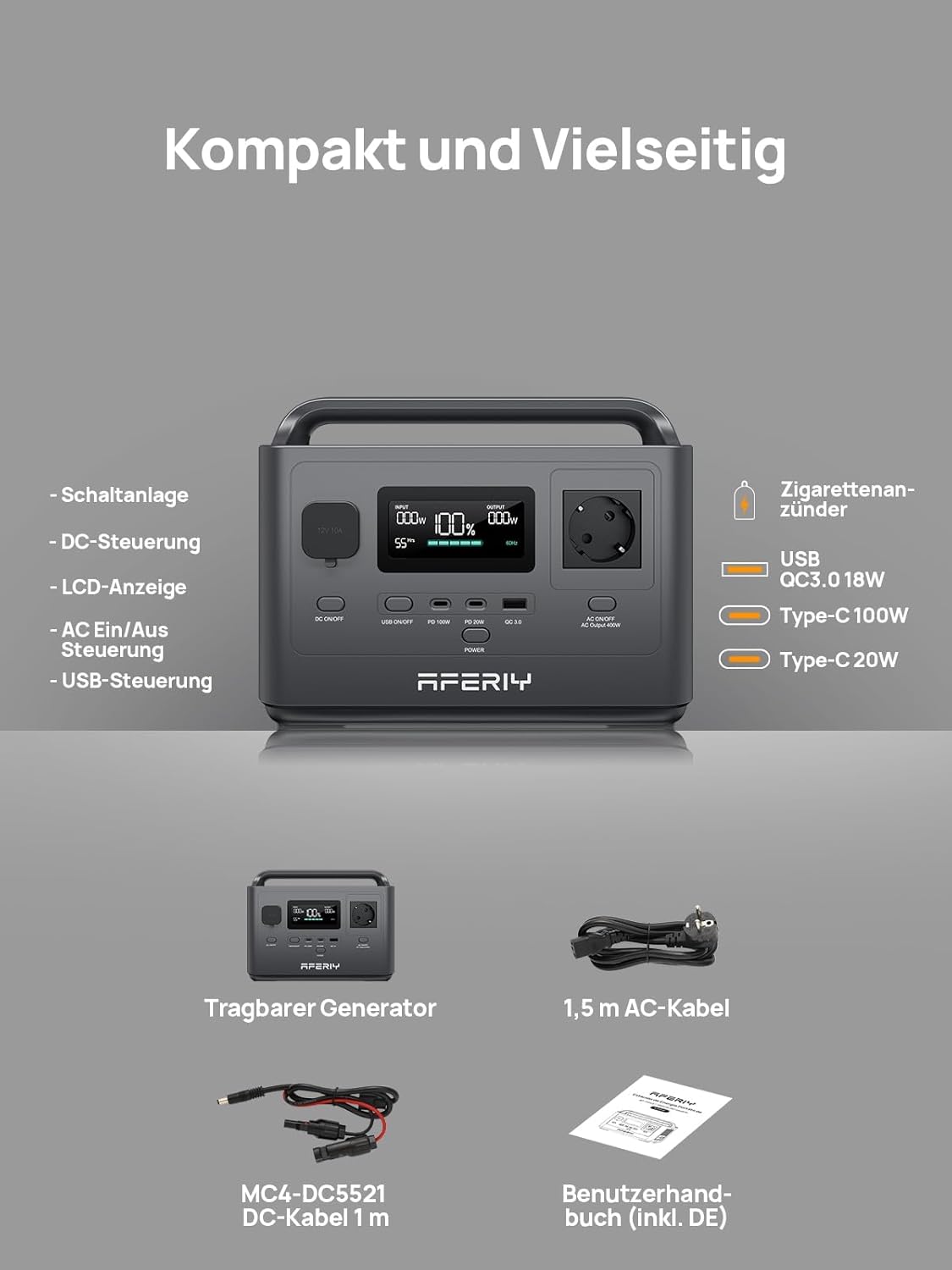 AFERIY AF-P040 400 W tragbares Kraftwerk, 256 Wh LiFePO4-Akku, 1,2 Stunden Schnellladung, zahlreiche Anschlüsse, USV, Solargenerator für Camping, Notfälle – Bild 2