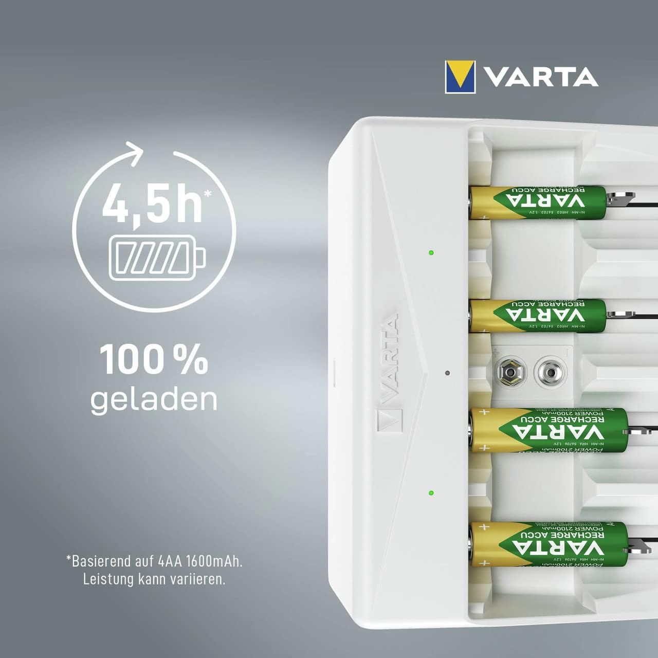 VARTA Batterieladegerät, Batterieladegerät für wiederaufladbare Batterien, lädt 2 oder 4 AA, AAA, C, D oder 1 x 9 V gleichzeitig, Universal-Ladegerät, mit Sicherheitsabschaltung, unbestückt | für wiederaufladbare NiMH-Akkus, Sicherheitsabschaltung, Überlade- und Verpolungsschutz, mit LED-Ladeanzeige, kompaktes Gerät – Bild 7