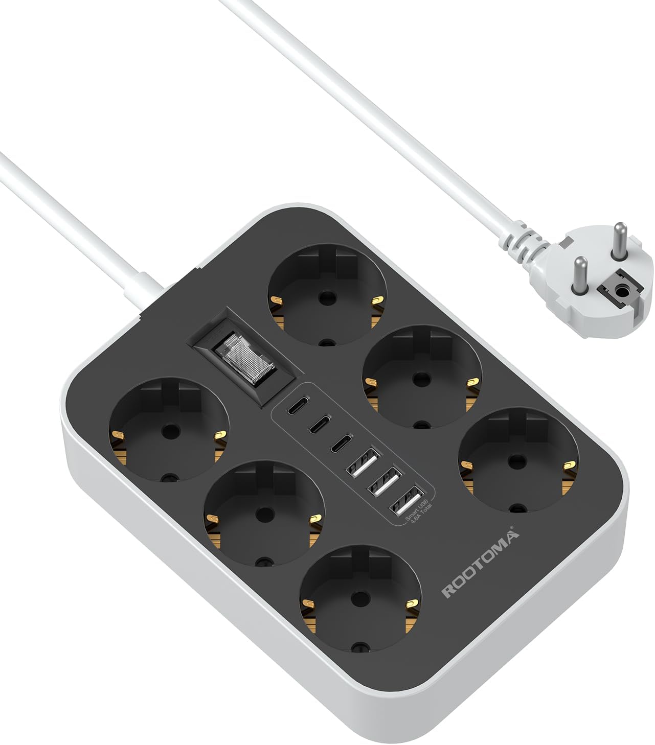 6-fach Steckdosenleiste mit USB (3 USB-A 3 USB-C) Mehrfachsteckdose Wandmontage, Steckdose mit Schalter und 2m Verlängerungskabel, Überspannungsschutzsteckdose, Schwarz