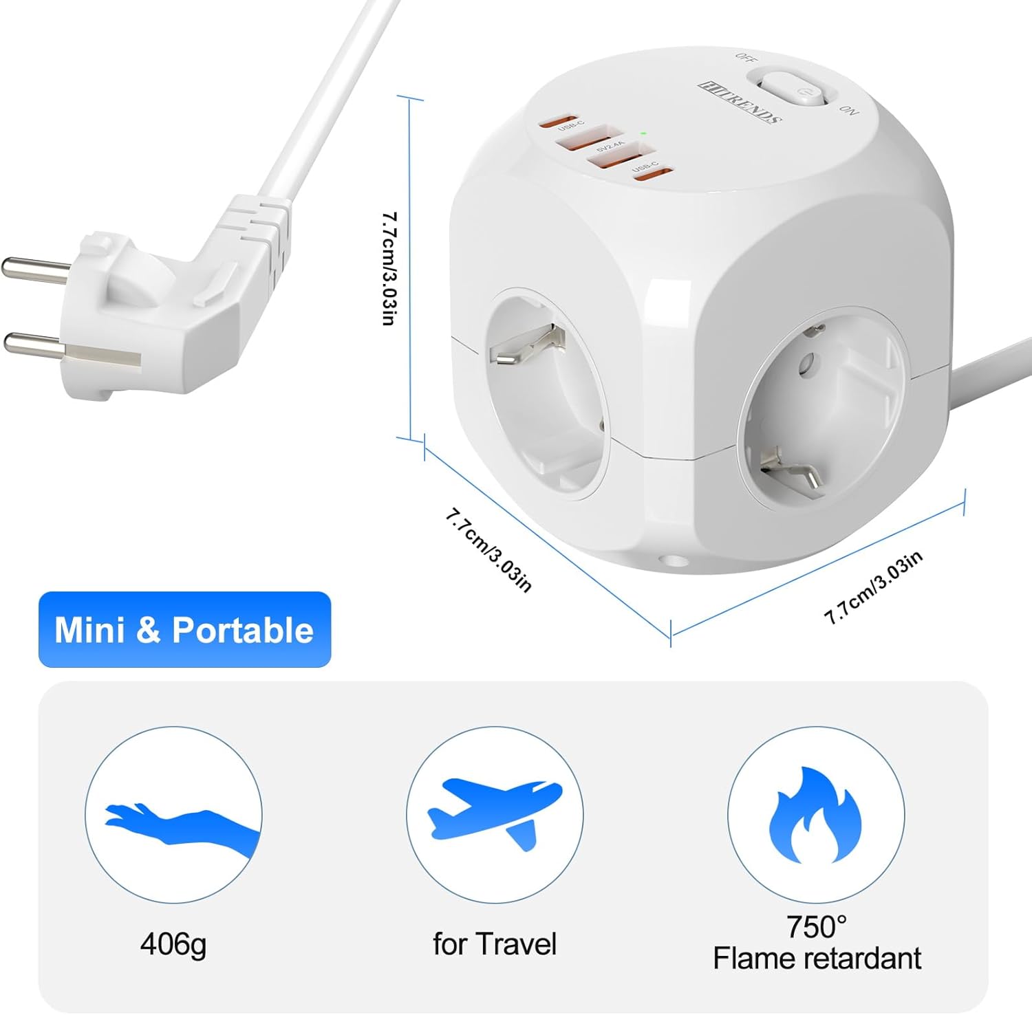 8-in-1 Mehrfachstecker Verteilersteckdose, HITRENDS 4-fach Steckdosenleiste Würfel, Mehrfachsteckdose mit 4 USB, 2500W Steckdosenturm Würfel, PD20W Steckdosenwürfel für Büro Zuhause, 2m Kabel, Weiß – Bild 6