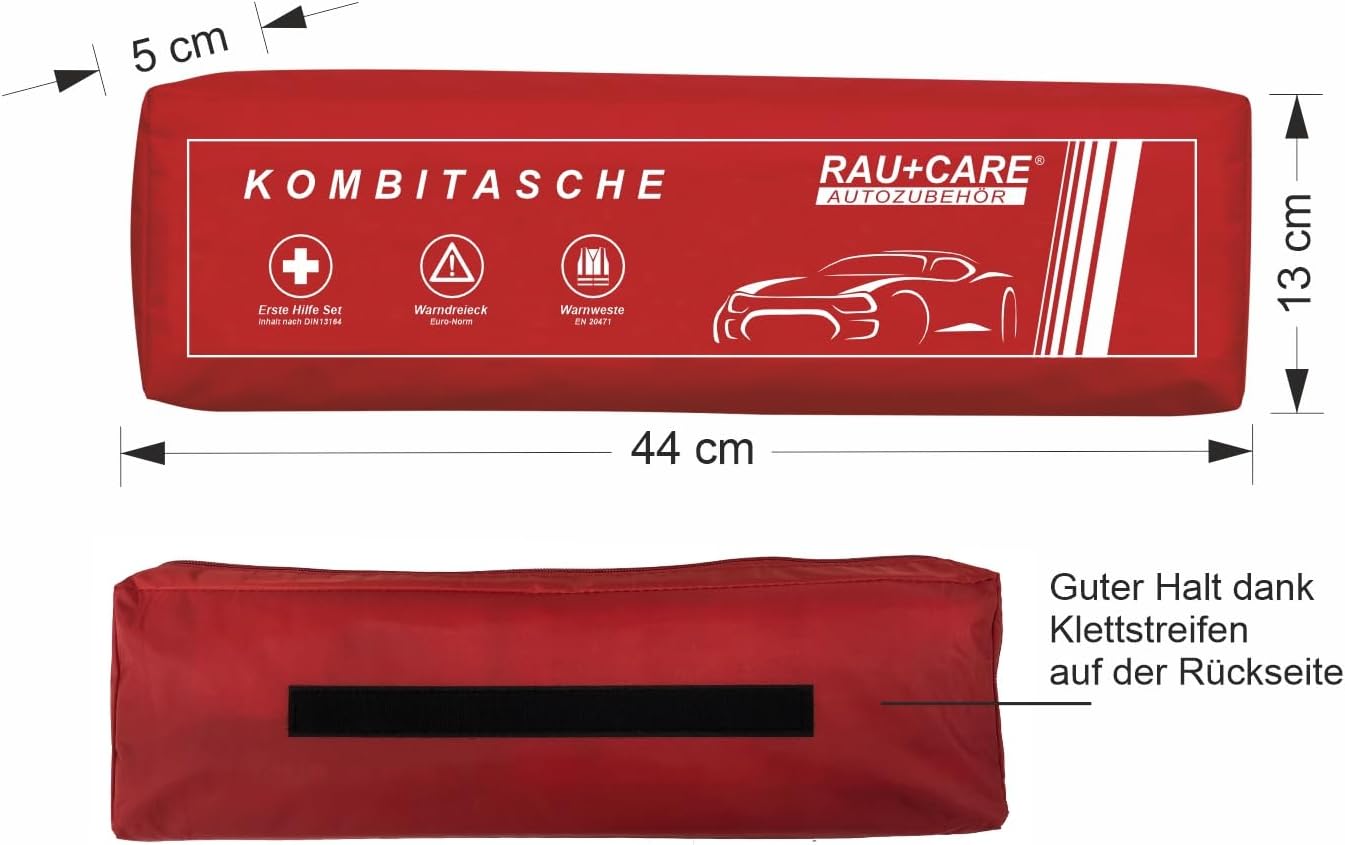 Rau Kombitasche Rot 3in1 DIN Erste-Hilfe-Tasche + Warnweste + Warndreieck | Trio - aktuelle Norm 2026 - DIN 13164 - ALLES geprüft auf StVO konform - Europaweit einsetzbar – Pannenset - Notfallset – Bild 4