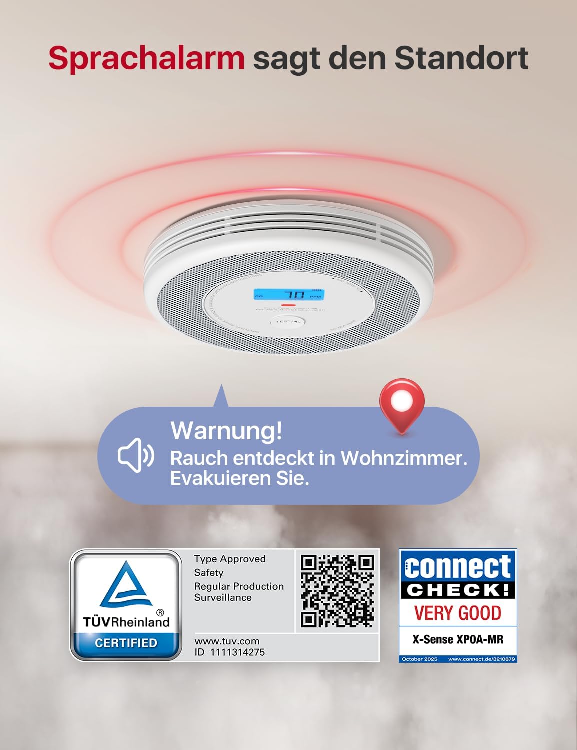 X-Sense Rauch- und CO-Melder mit Sprachalarm und Standortansage mit XP0A-MR11-Kits, 30 mm dick, ohne SBS50-Basisstation, XP0A-MR, 1 Stück – Bild 2