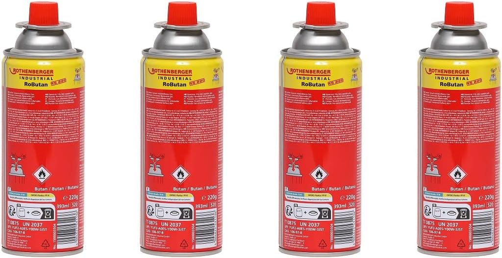 ROTHENBERGER Industrie-Gaskartusche RoButan 220 g / 393 ml, Bajonettverschluss, MSF-1A, Ventilkartusche Gas Outdoor Camping Brenner Unkrautvernichter, 4 Stück, 1500003504-4