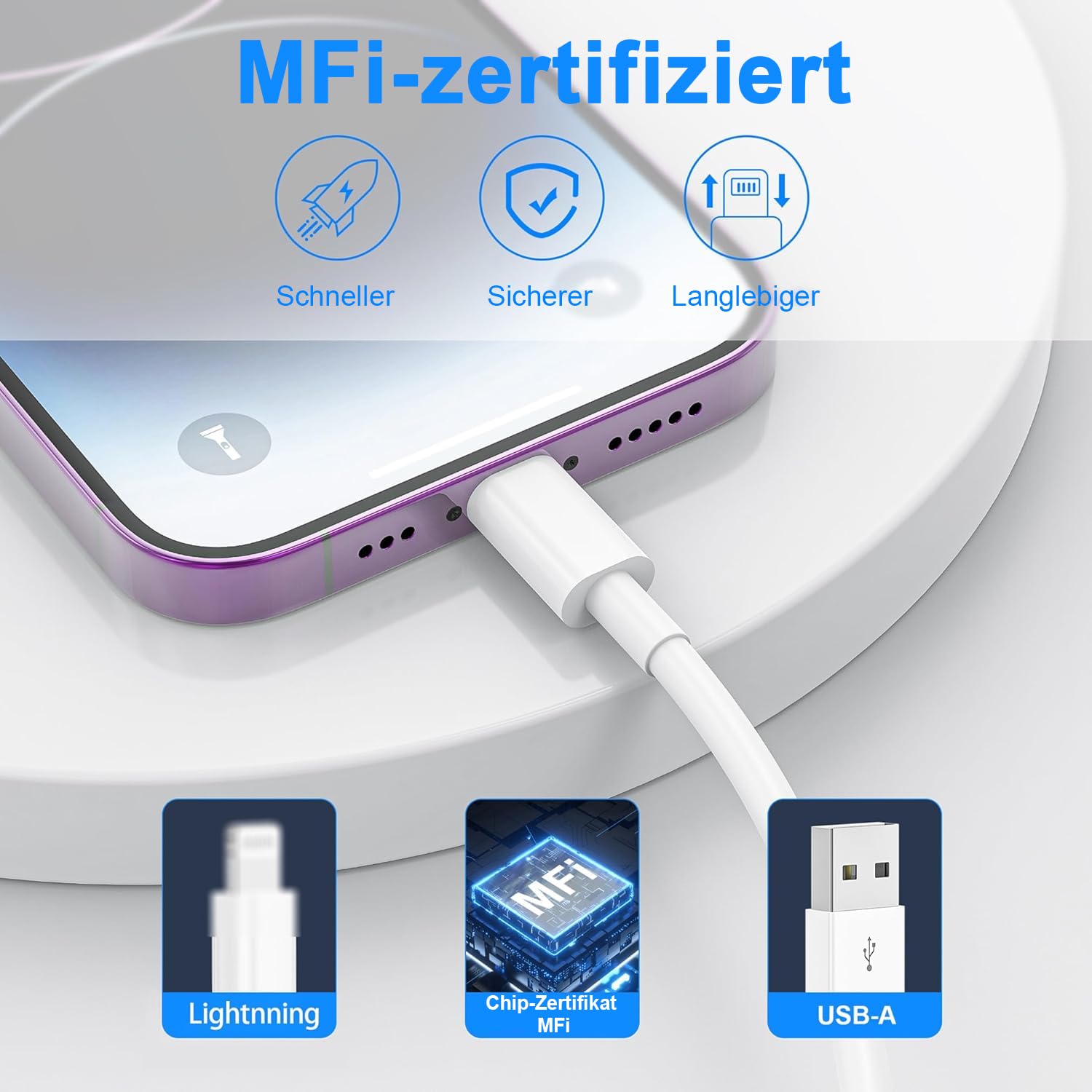 iPhone-Ladekabel, 2 Stück, 1 m + 2 m, USB-auf-Lightning-Kabel, MFi-zertifiziert für Apple-Schnellladekabel, für iPhone 14/13/12/11/Pro/ProMax/Mini/XS/XR/MAX/X/8/7/6/6s/Plus/SE/iPad Mini – Bild 2