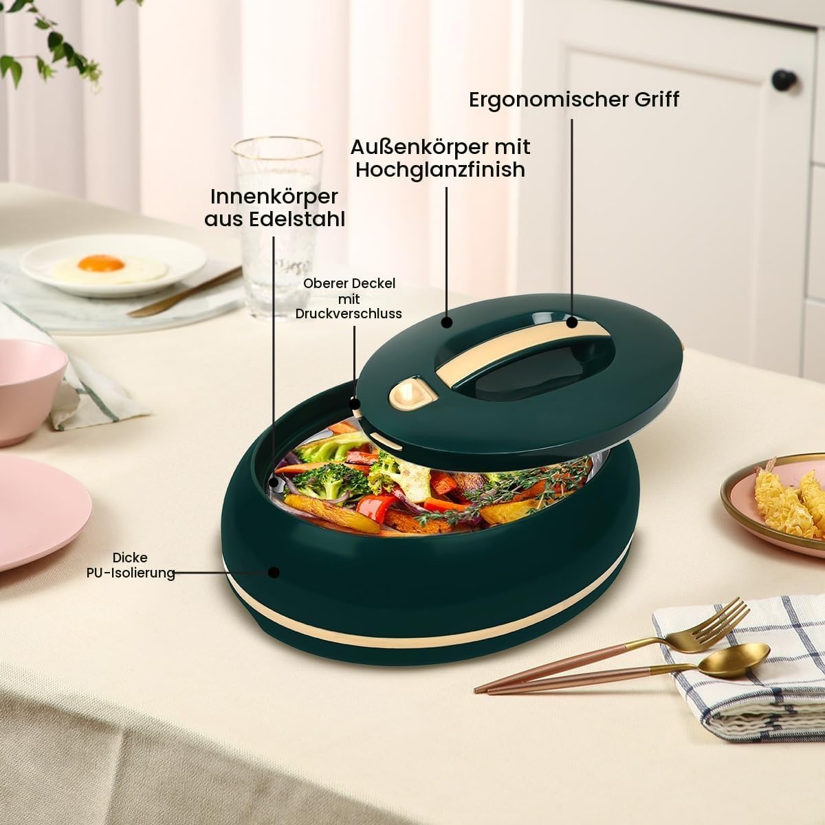 Eleganter großer ovaler Thermobehälter, Deckel praktisch zu öffnen, 3 Liter, luxuriöser Hot Pot/Kühler, Thermo-Servierschüssel für Buffet/Partys, Edelstahl, Warmhaltebehälter, dunkles Kiefernholz – Bild 2