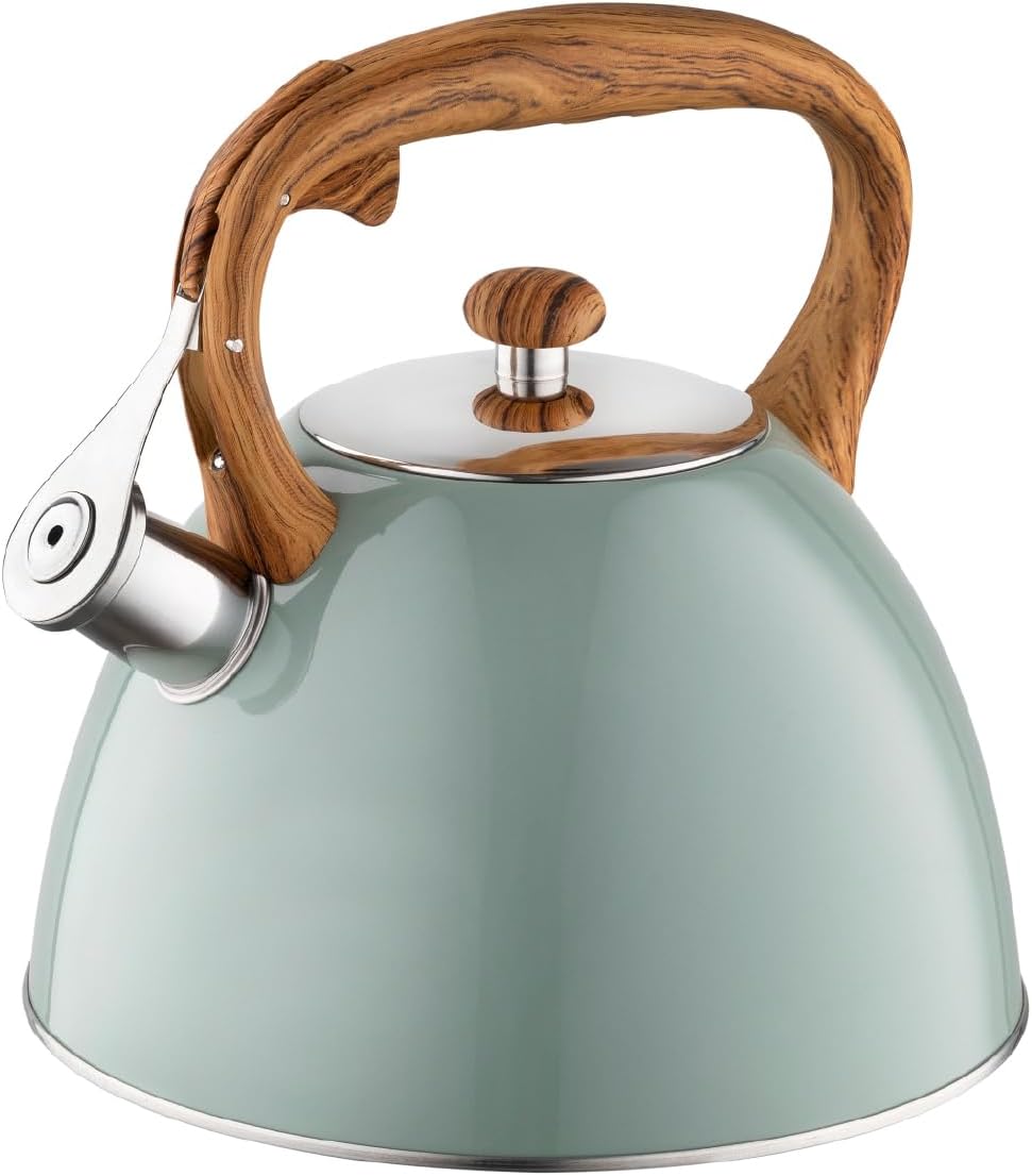 FLORINA Frank Wasserkocher (2,5 Liter) I Teekessel aus Edelstahl I Pfeifkessel mit Holzgriff I Automatischer Pfeifkessel I Wasserkocher für Induktionsherd, Gasherd und Elektroherd I Farbe: Mattgrün