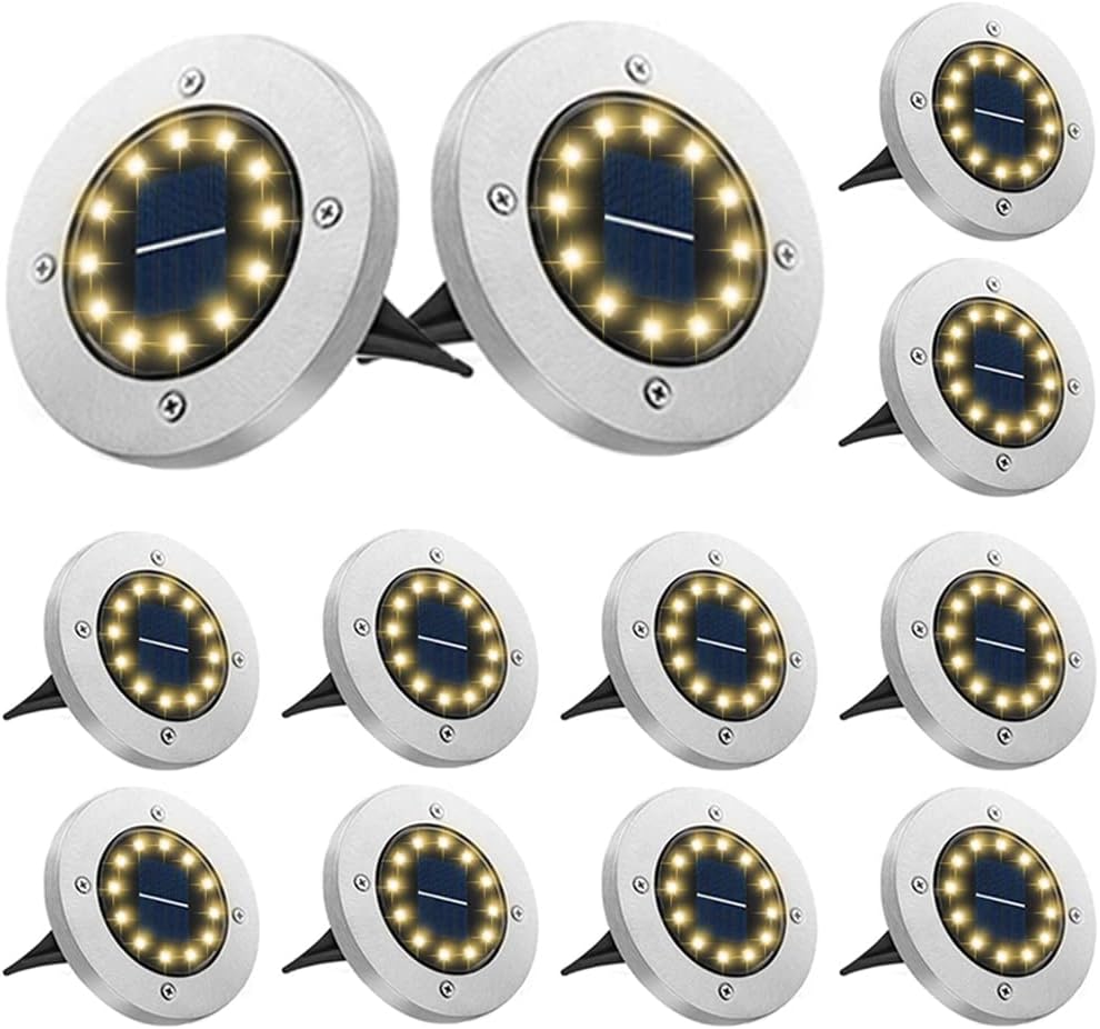 Bowfar Solar-Bodenleuchten für den Außenbereich, 12 LEDs, warmweiße Solarleuchten für den Außenbereich, 800 mAh IP65 wasserdichte Solarleuchten, Solar-Gartenleuchten für Rasen, Gehweg, Terrasse, Terrassengarten, 12 Stück