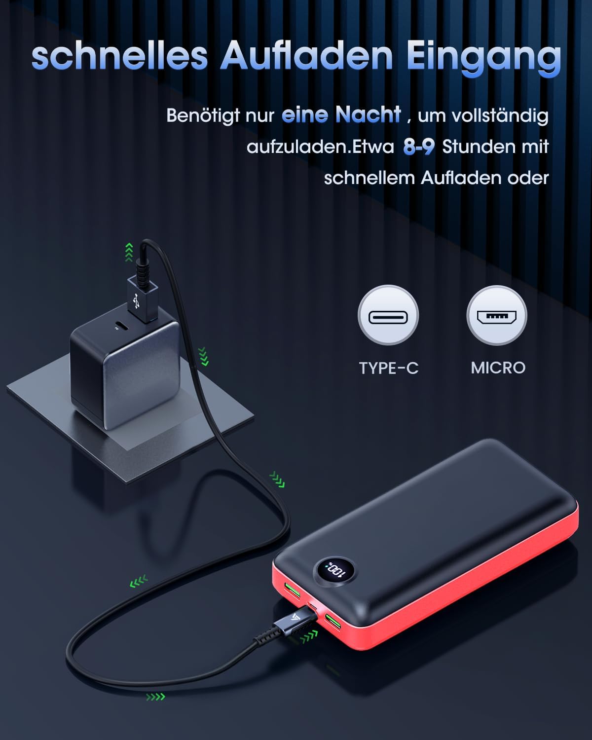 PowerBank 50.000 mAh, große Kapazität, 22,5 W, schnelles Aufladen, externer Akku, USB-C, 3 Ausgänge und 2 Eingänge, LED-Anzeige, Powerbank, kompatibel mit Smartphone, Tablet, Android usw. Rot – Bild 7