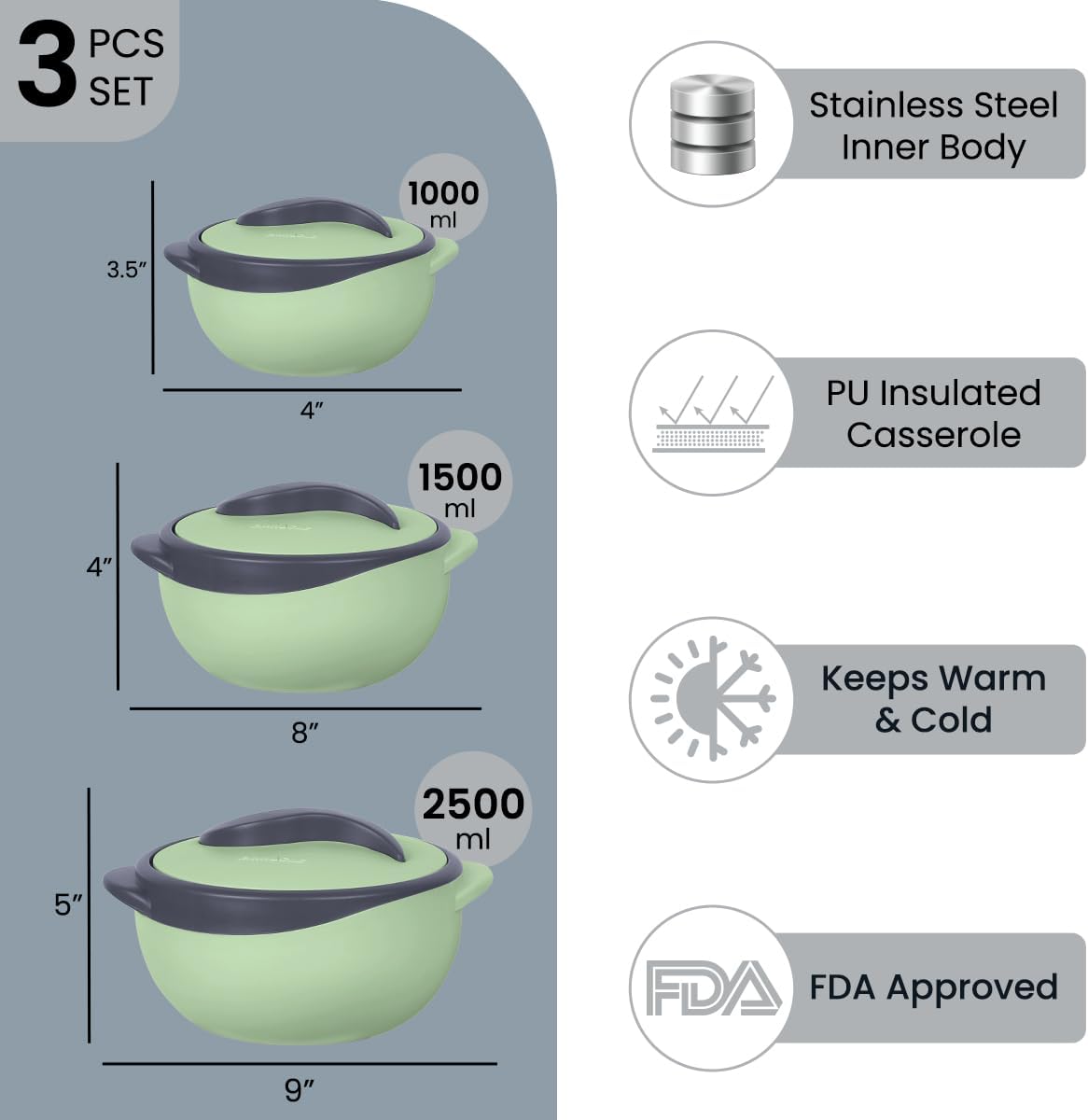 Pinnacle Isolierte Auflaufform mit Deckel, 3-teiliges Set, 2,6/1,5/1 qt. Hot Pot Speisenwärmer/-kühler – Thermo-Suppen-/Salat-Servierschüssel – Behälter für heiße Speisen aus Edelstahl – bestes Geschenkset für – Bild 2
