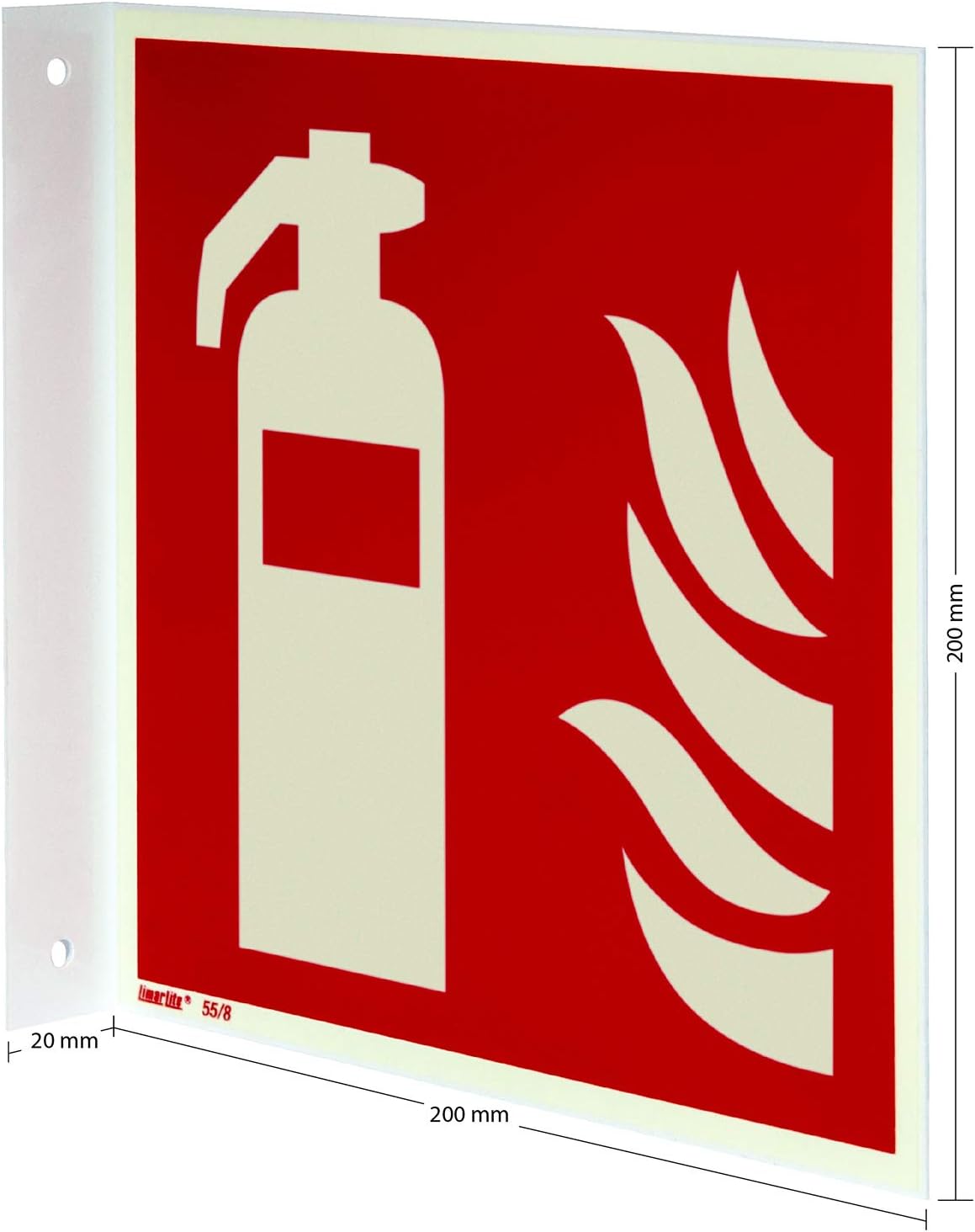 Feuerlöscher-Flaggenschild, 200 x 200 mm – nachleuchtend, 55/8 mcd, DIN 67510, Lichtklasse B, Kunststoffschild, doppelseitig bedruckt, ASR A1.3 / ISO 7010, Brandschutzschild, für den Innen- und Außenbereich – Bild 4