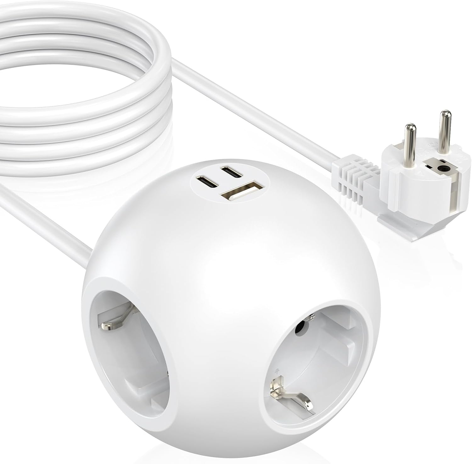 PD 25W Steckdosenleiste Cube mit 1 USB A und 2 USB C, Steckdosenleiste mit 3-fach Steckdosenadapter, Kugelsteckdose mit 2m Kabel (3680W 16A für Bürosteckdosen, weiß)