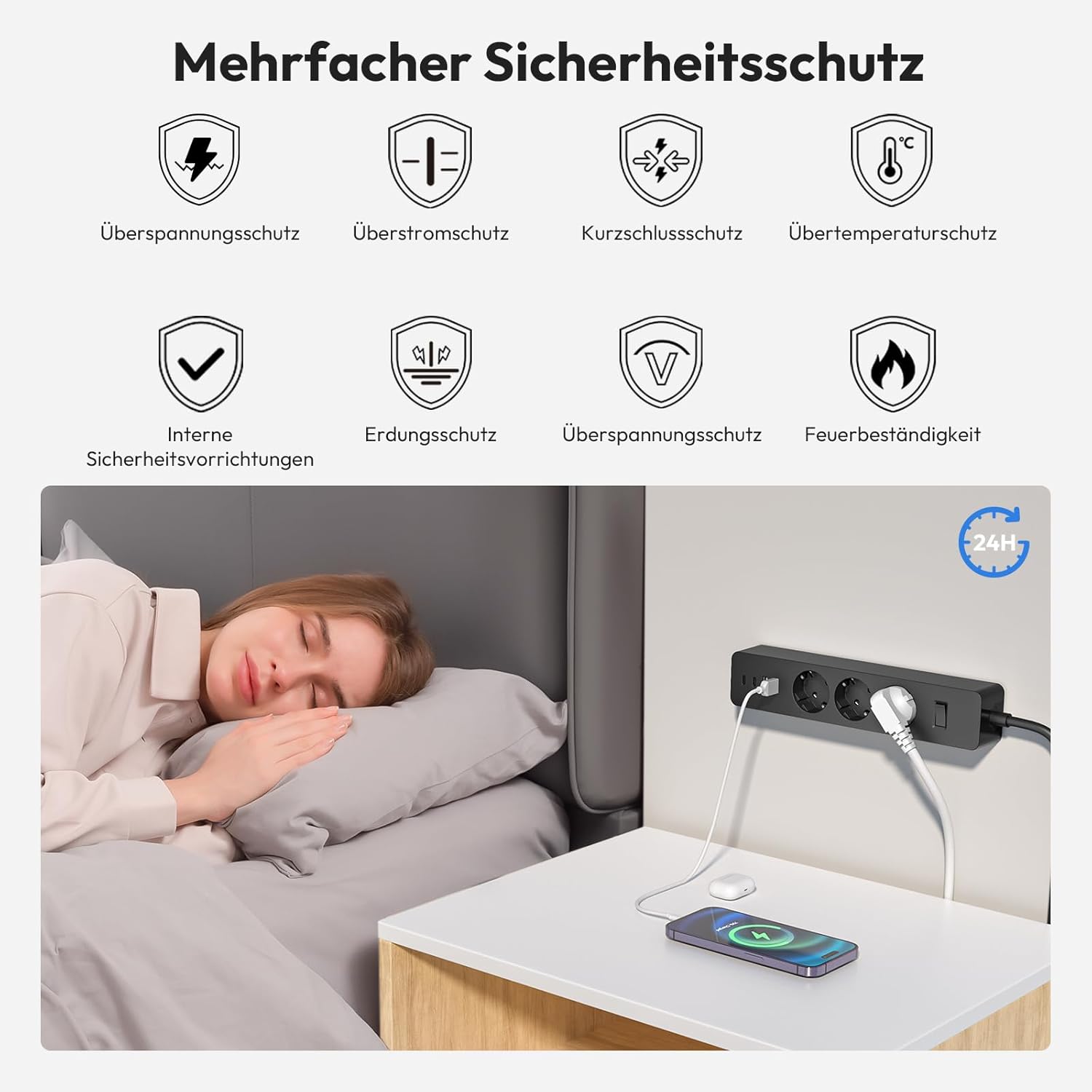 Ntonpower 3m Steckdosenleiste mit USB, Mehrfachsteckdose, Überspannungsschutz, Wandmontage - Kleber verwenden, langes Verlängerungskabel, Kindersicherung – Bild 7