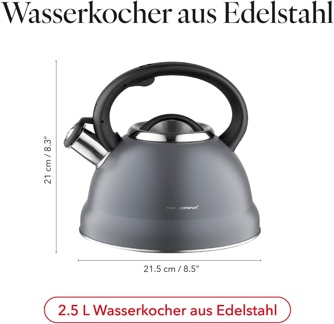 FLORINA JACOB Wasserkocher (2,5 L) | Teekessel aus Edelstahl | Pfeifkessel mit Bakelitgriff und Pfeifgeräusch | Pfeifkessel für Tee und Kaffee | Geeignet für alle Herdarten | Farbe: Grau – Bild 2