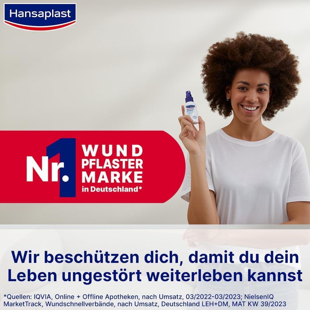 Hansaplast Wundspray 1er Set (50 ml) zur antiseptischen Wundreinigung, Wunddesinfektionsspray für empfindliche Haut, farblose Wunddesinfektion | Antiseptische Wundreinigung, mechanische Spülung, Schutz vor Wundinfektionen, farblos, hautfreundlich – Bild 6