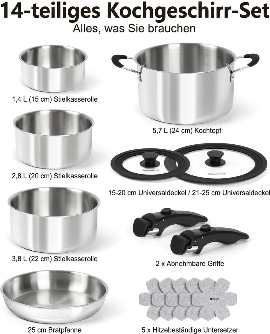 Michelangelo 14-teiliges Induktionstopf-Set, Edelstahl, abnehmbare Griffe | Stapelbares Kochgeschirrset, durchgehend 3-lagig, platzsparend für Camping und Wohnmobil, Topf- und Pfannenset – Bild 8