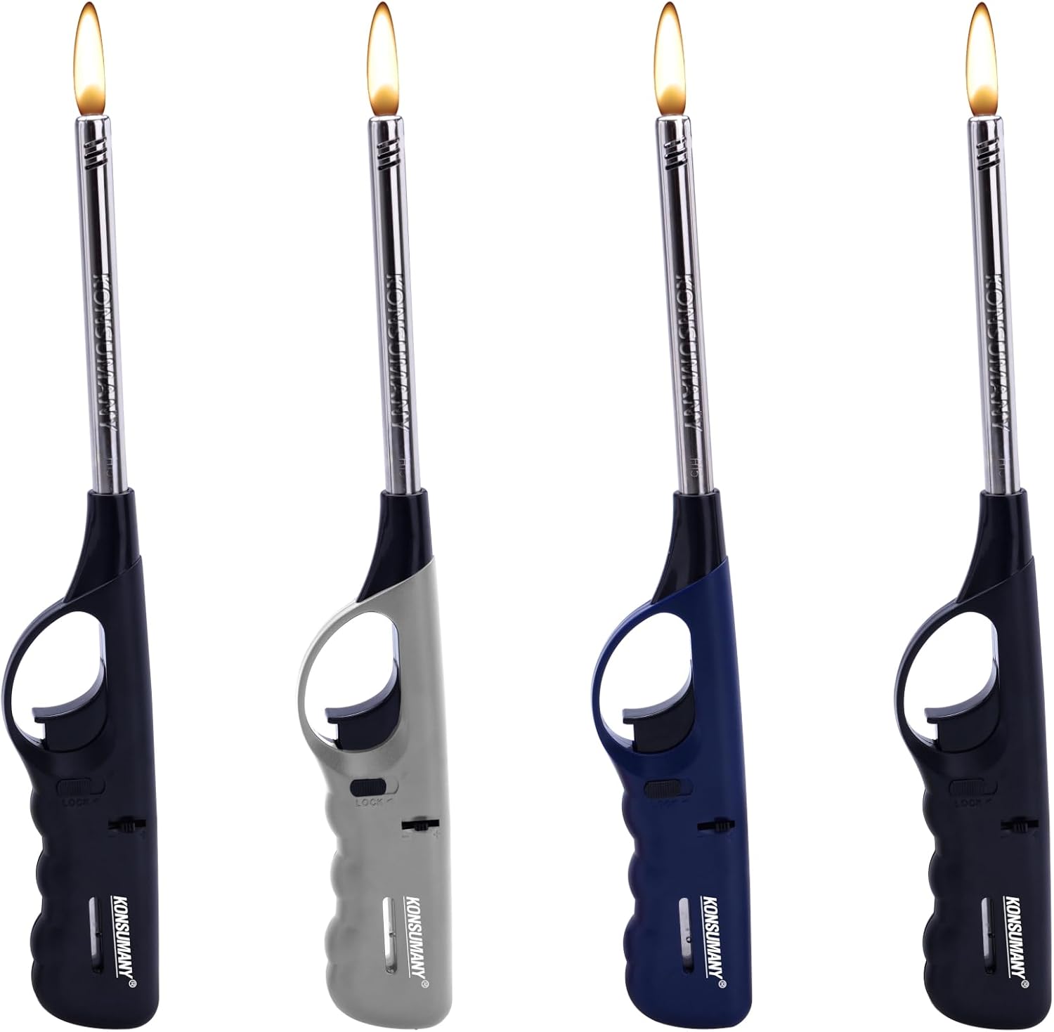 4 Stück Feuerzeug Gasfeuerzeuge 27 cm lang nachfüllbar (Grau, Blau, Schwarz + 4. Farbe je nach Verfügbarkeit)