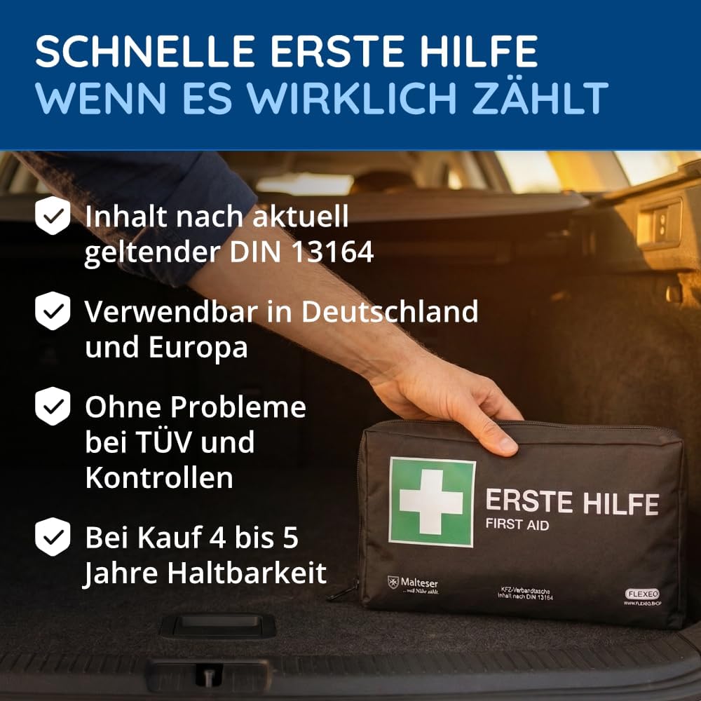 Auto-Verbandstasche nach aktueller DIN 13164:2022, gültig für 2023 nach StVO, Verbandskasten/Verbandskasten/Verbandkasten Auto/Motorrad, schwarz – Bild 2